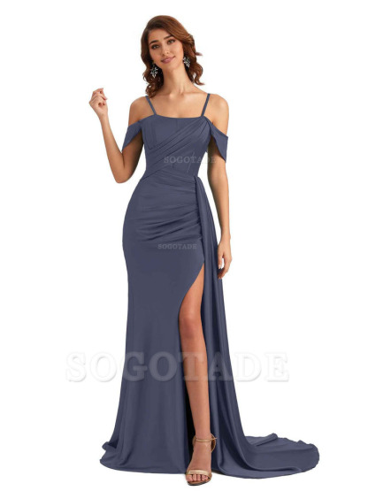 Sexy Side Slit Cold Shoulder Mermaid Satin Chic Long Wedding Guest Dresses