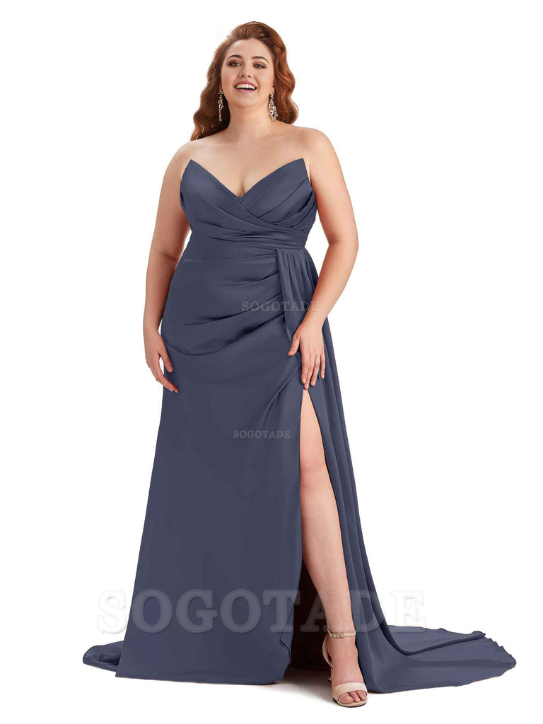 Sexy V-neck Side Slit Sleeveless Mermaid Soft Satin Long Plus Size Bridesmaid Gowns