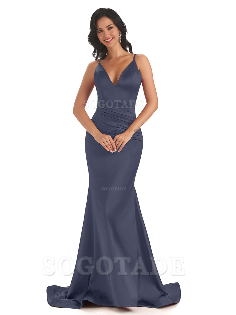 Mermaid Spaghetti V-Neck Straps Satin Long formal dresses evening gown Bridesmaid Dresses With Side Slit 