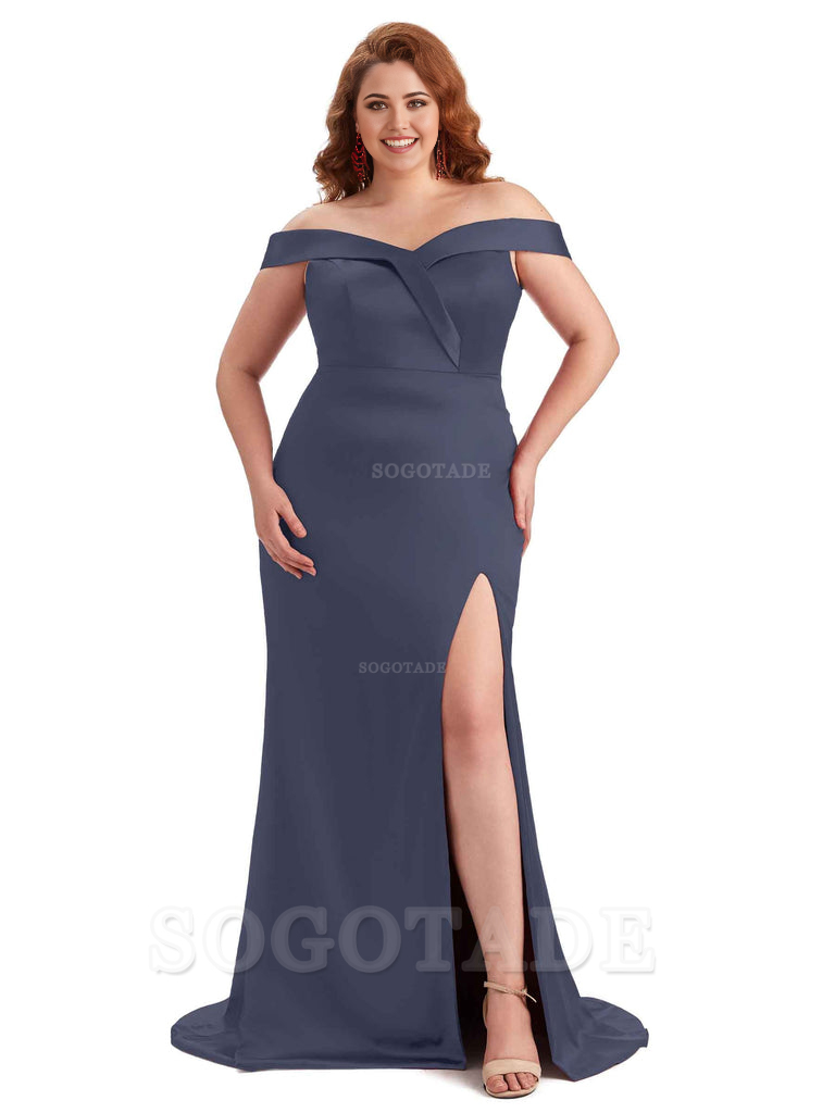 Elegant Off The Shoulder Sleeveless Side Slit Mermaid Soft Satin Long Plus Size Bridesmaid Gowns
