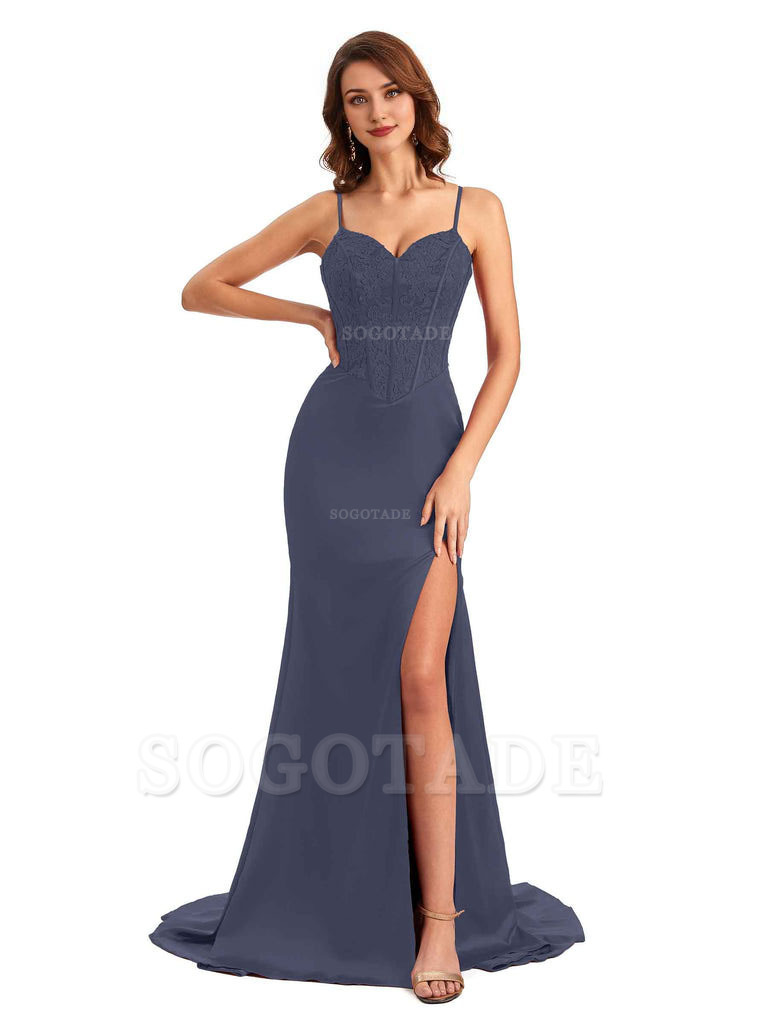 Sexy Side Slit Mermaid Silky Satin V-Neck Lace Unique Long Bridesmaid Dresses
