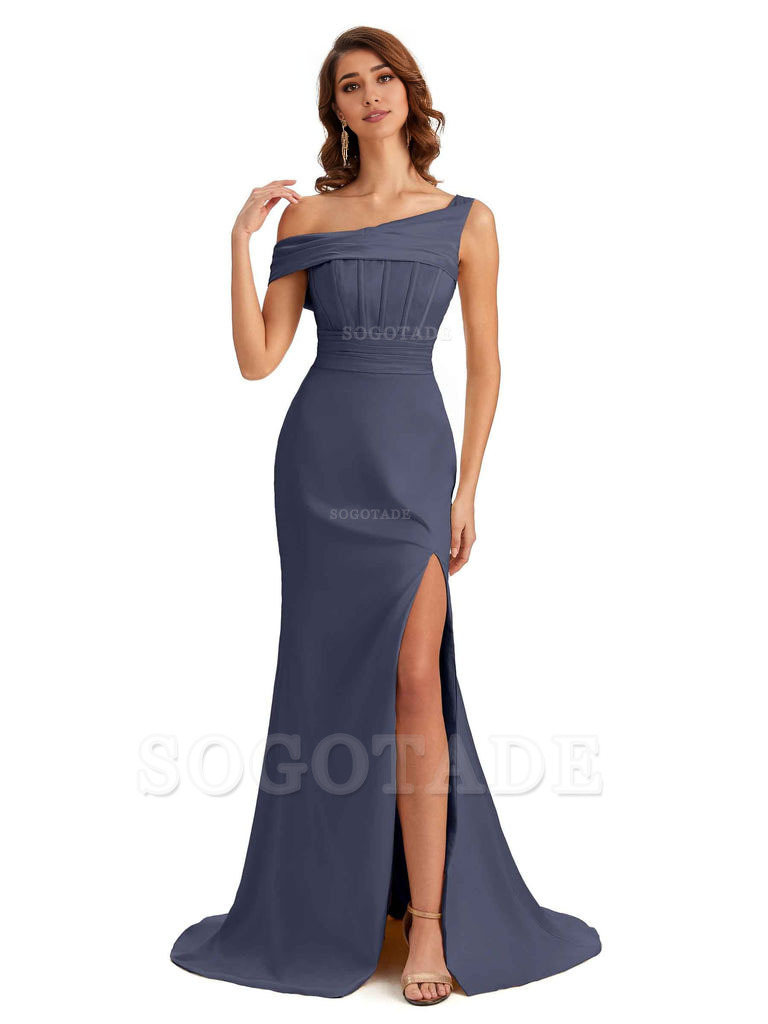 Elegant Asymmetrical Neck Soft Satin Side Slit Long Mermaid Bridesmaid Dresses