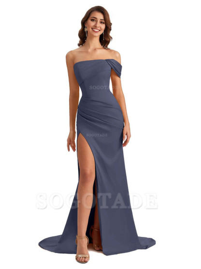 Unique One Shoulder Side Slit Satin Long Formal Dresses For Bridesmaid Dresses