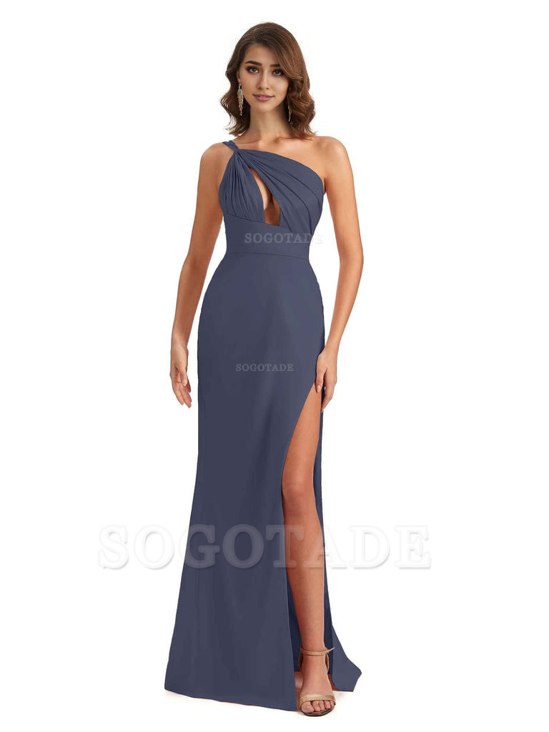 Sexy One Shoulder Silky Satin Unique Long Ladies Bridesmaid Dress For Wedding