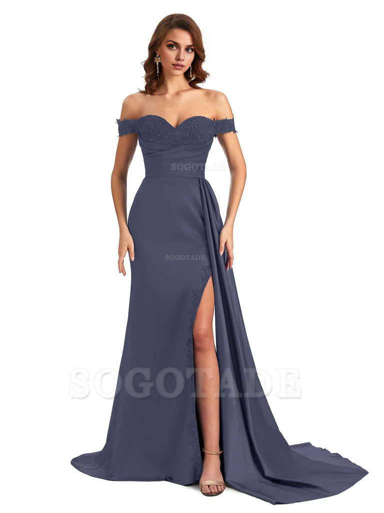 Sexy Off The Shoulder Mermaid Side Slit Silky Satin Long Bridesmaid Dress For Wedding