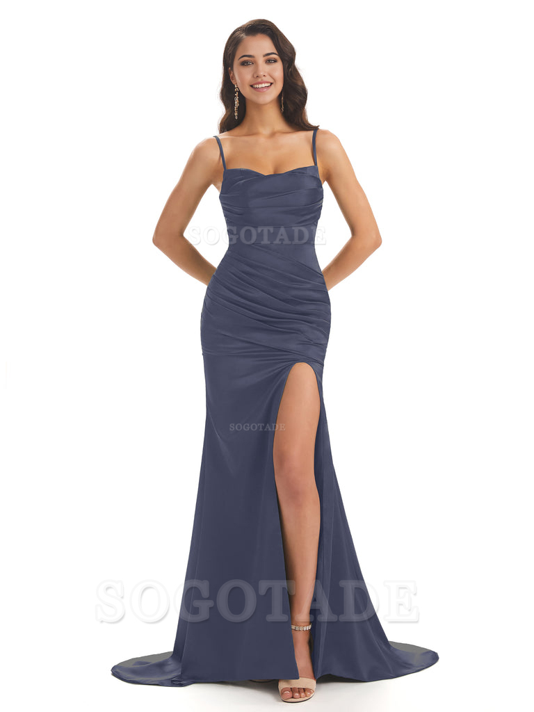 Mermaid Spaghetti Straps Satin Side Slit formal dresses evening gown Bridesmaid Dresses