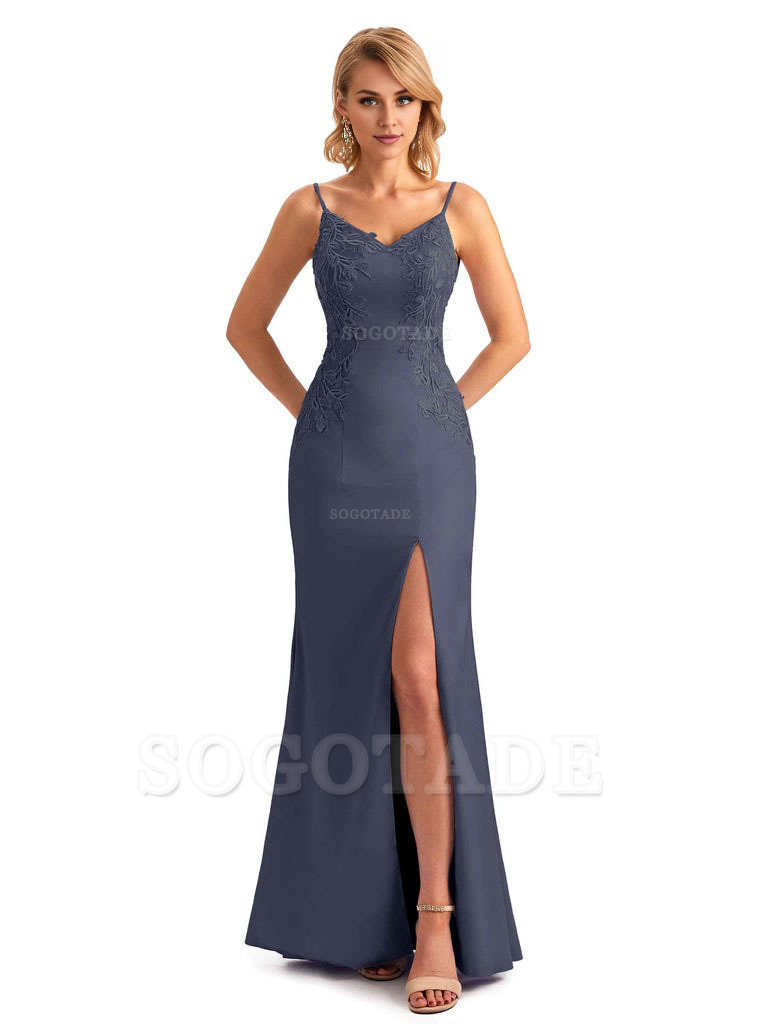 Sexy Side Split Mermaid Spaghetti Straps Soft Satin Unique Lace Long Bridesmaid Dresses