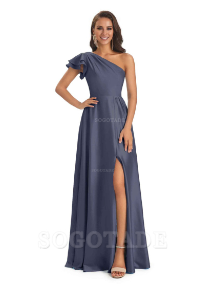 A-Line One Shoulder Ladies Long Bridesmaid Dresses Soft Satin Side Slit Elegant Evening Party Dress