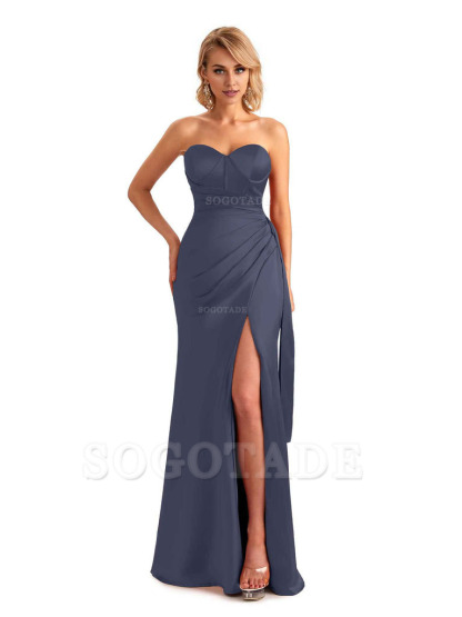 Sexy Side Slit Strapless Mermaid Soft Satin Unique Long Bridesmaid Dress For Wedding