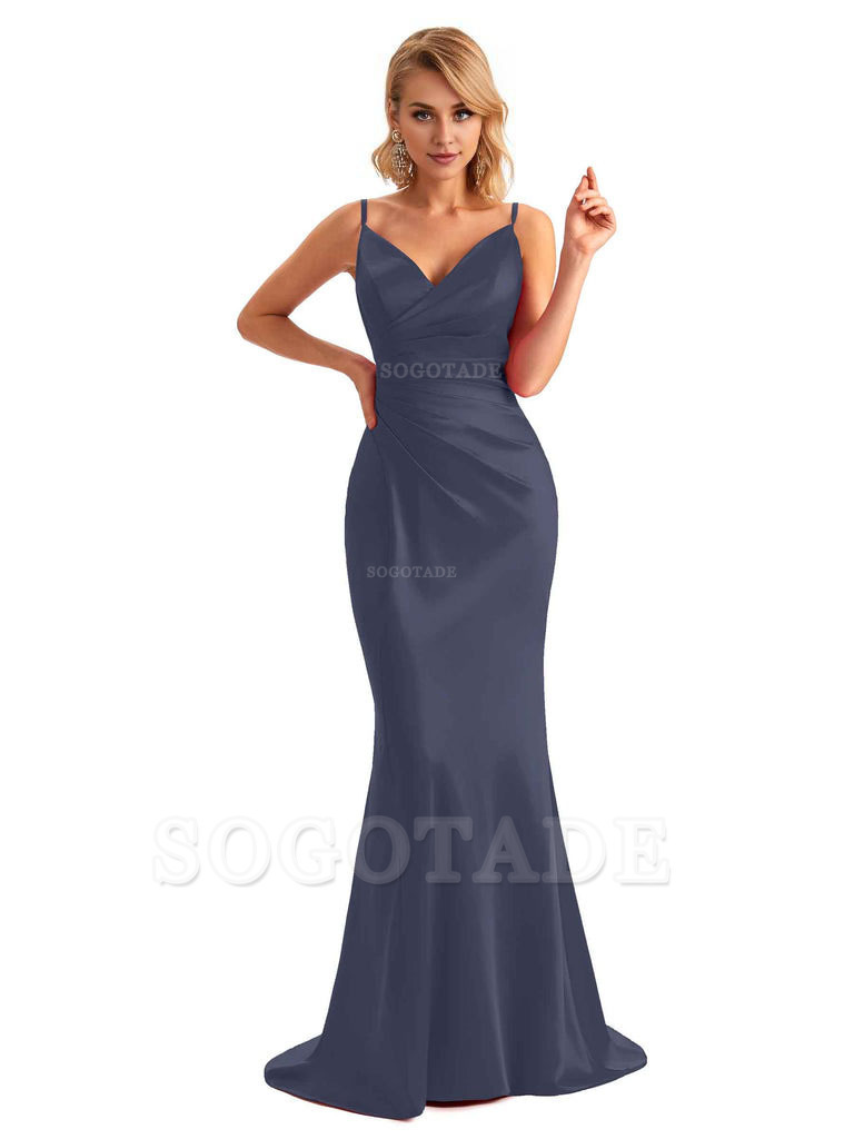  Sexy Backless Mermaid Spaghetti Straps Unique Long Formal Satin Dress For Women