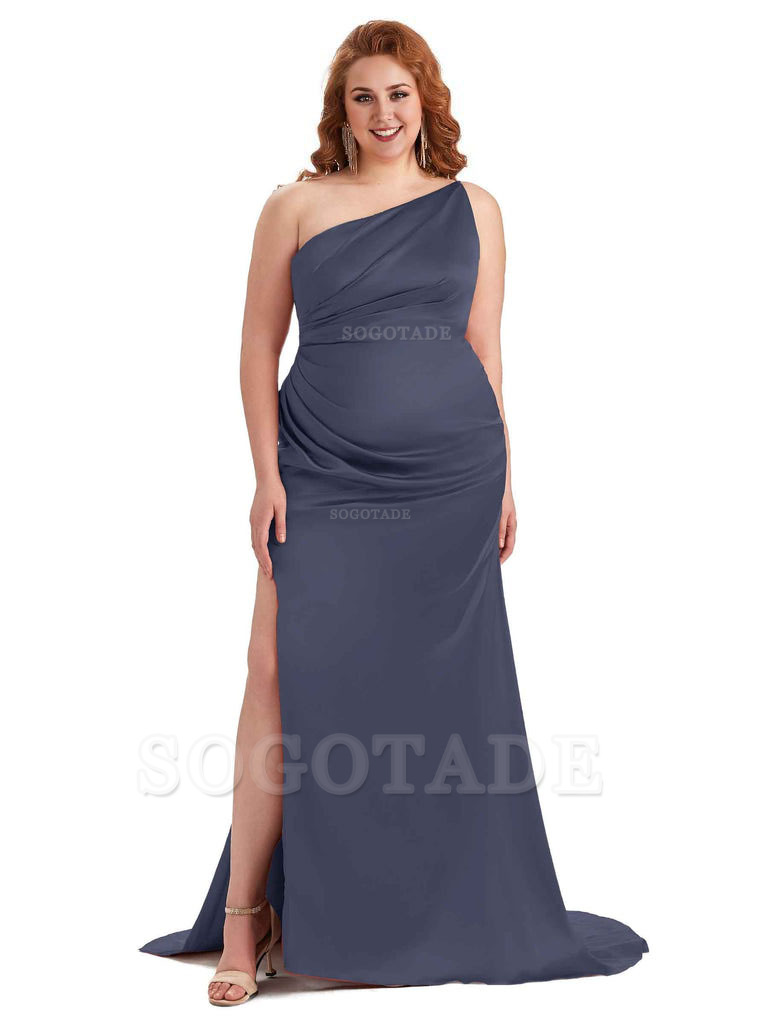 Sexy One Shoulder Side Slit Mermaid Soft Satin Long Plus Size Bridesmaid Dress For Wedding