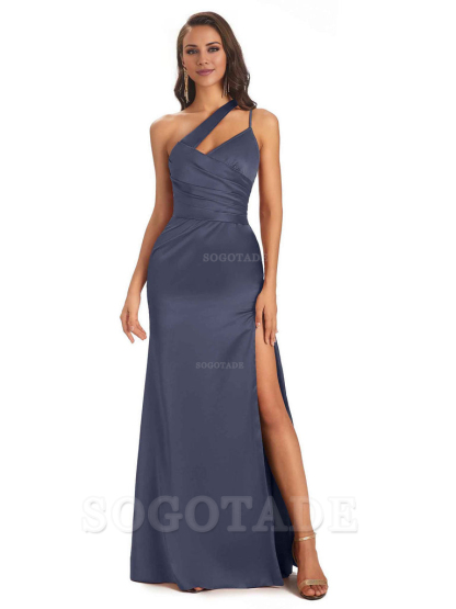 Elegant Soft Satin Side Slit One Shoulder Floor-Length Maxi Bridesmaid Dresses Evening Party Dress