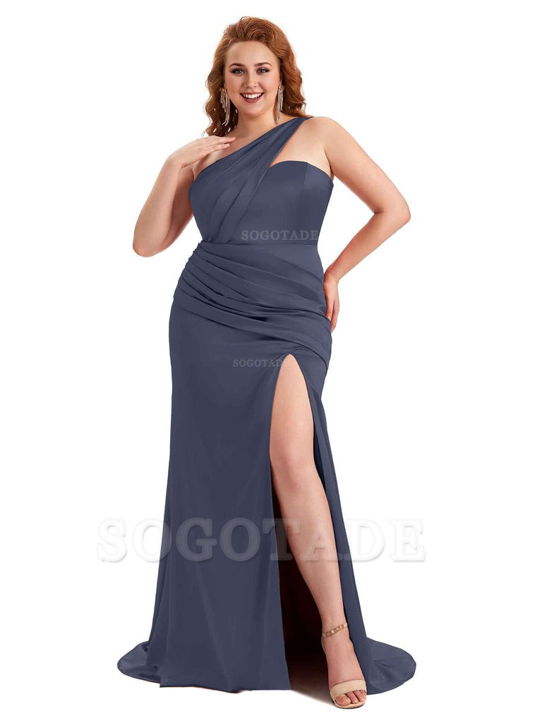 Sexy Side Slit One Shoulder Mermaid Soft Satin Long Plus Size Matron of Honor Dress For Wedding