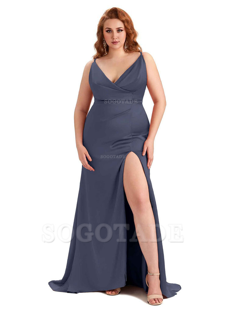 Sexy Side Slit Spaghetti Straps Mermaid Soft Satin Fashion Bridesmaid Dresses