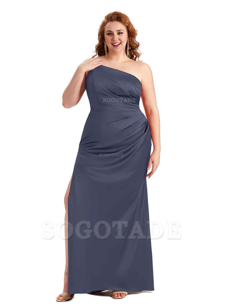 Sexy Side Slit One Shoulder Mermaid Soft Satin Long Plus Size Maid of Honour Dresses