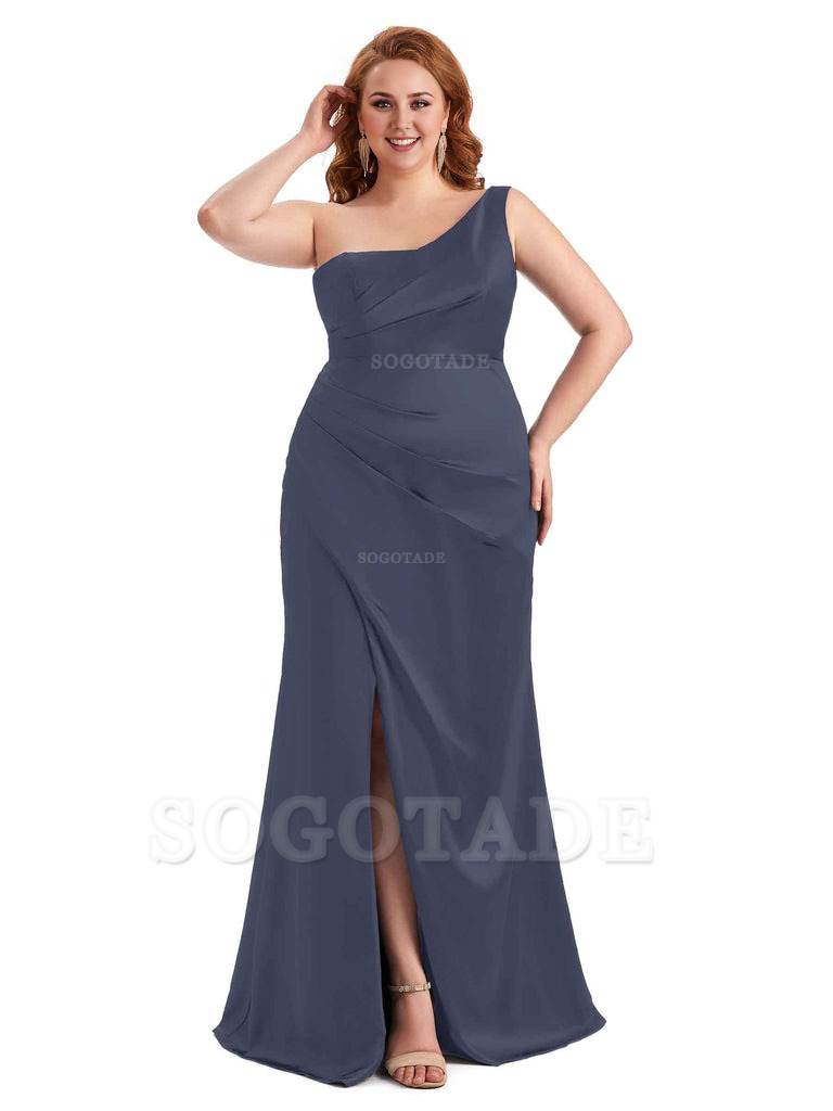 Sexy Side Slit One Shoulder Mermaid Long Plus Size Satin Maxi Dresses