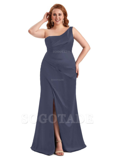 Sexy Side Slit One Shoulder Mermaid Long Plus Size Satin Maxi Dresses