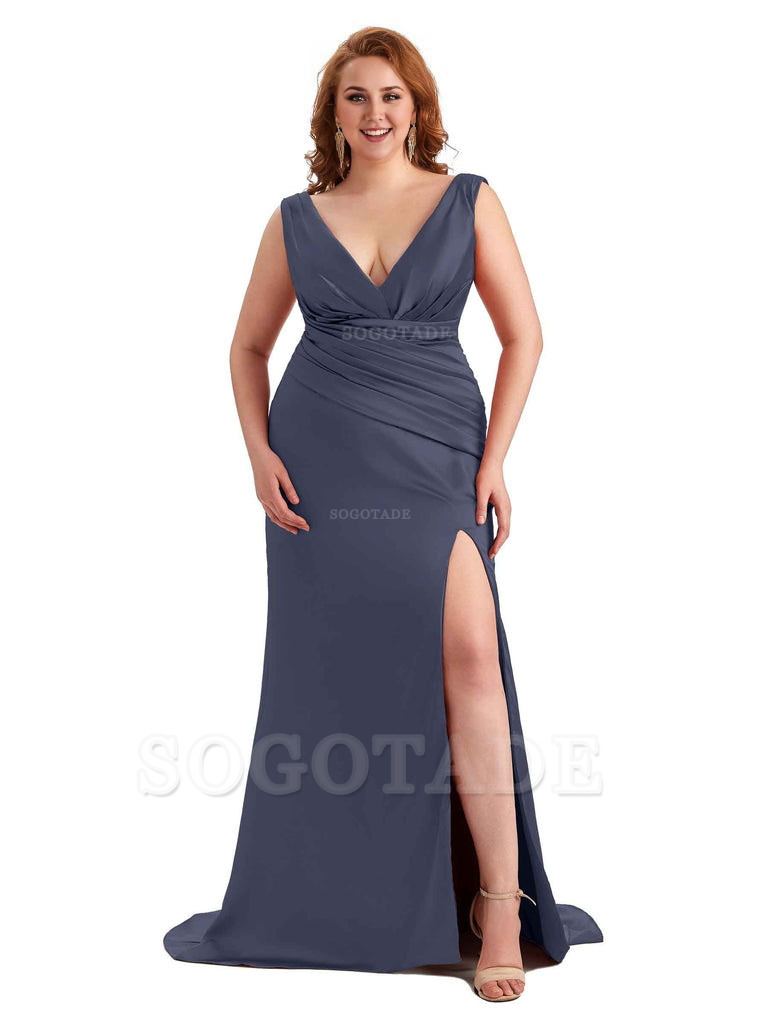 Elegant V-neck Side Slit Mermaid Soft Satin Long Plus Size Bridesmaid Dress For Wedding