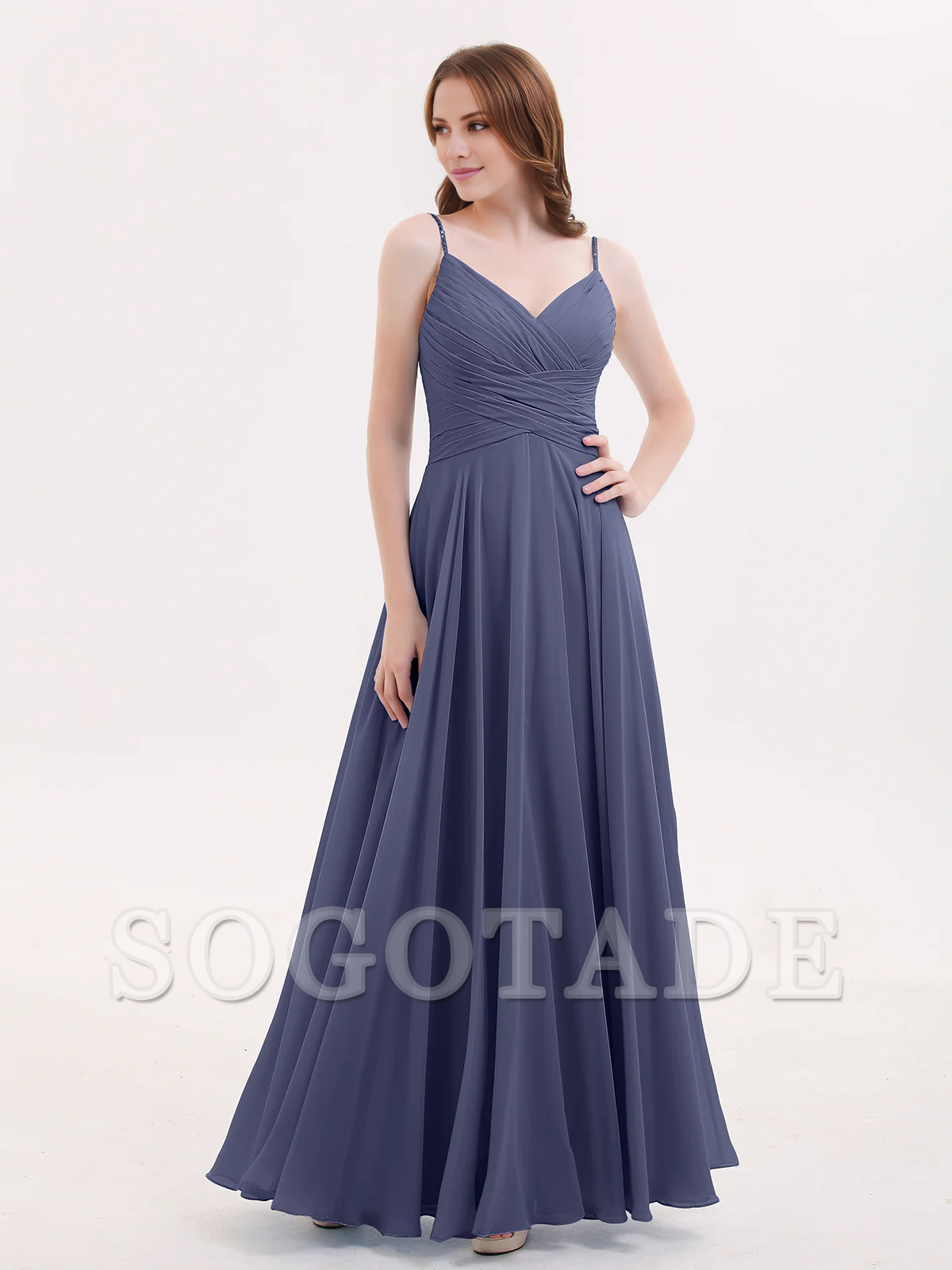 V-neck Fine Shoulder Strap Floor Length Chiffon Bridesmaid Dresses Onl