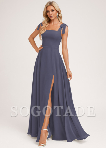 A-shaped square bow landing chiffon bridesmaid dress