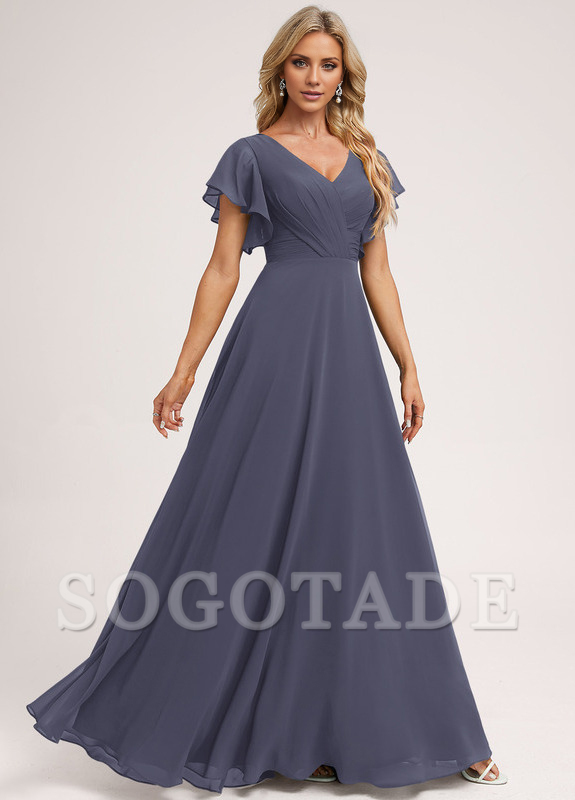 Ruffle A-line V-neck and floor chiffon bridesmaid dress