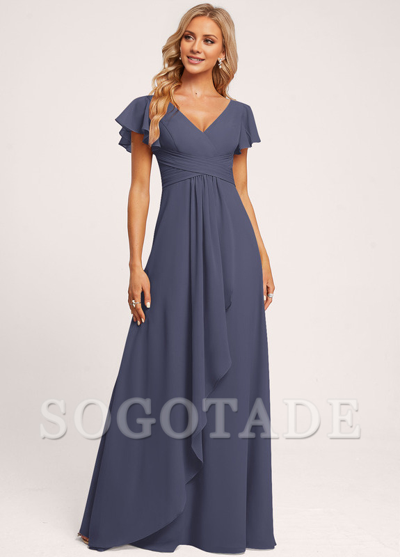 Ruffle A-line V-neck and floor chiffon bridesmaid dress