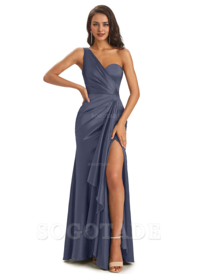 Elegant Soft Satin Side Slit One Shoulder Unique Mermaid Bridesmaid Dresses Online prom dresses shops