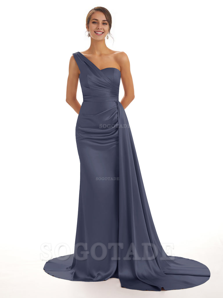 Elegant One Shoulder Soft Satin Unique Mermaid Long Bridesmaid Dresses Online prom dresses shops
