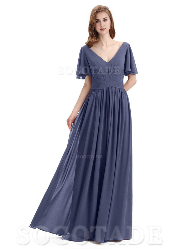 A-Line Chiffon Short Sleeves Elegant Floor-Length Bridesmaid Dresses Formal Women's Dresses Wedding Guests Dresses
