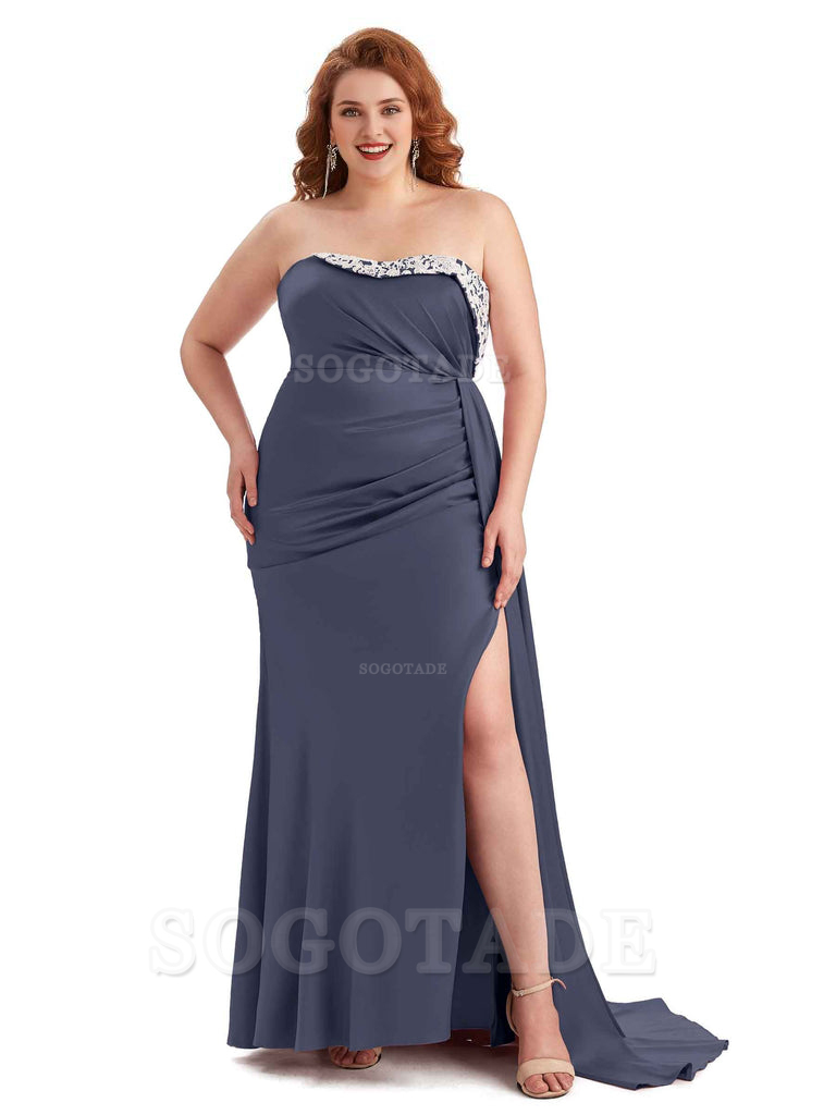 Sexy Side Slit Strapless Mermaid Lace Soft Satin Long Plus Size Maid of Honor Dresses
