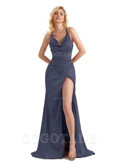 Sheath Cowl Neck Satin formal dresses evening gown Bridesmaid Dresses With Side Slit 