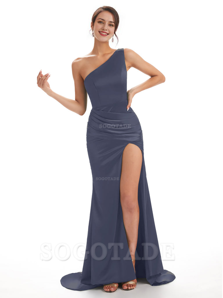 Sexy Soft Satin Side Slit One Shoulder Long Mermaid Bridesmaid Dresses Online prom shop dresses ﻿
