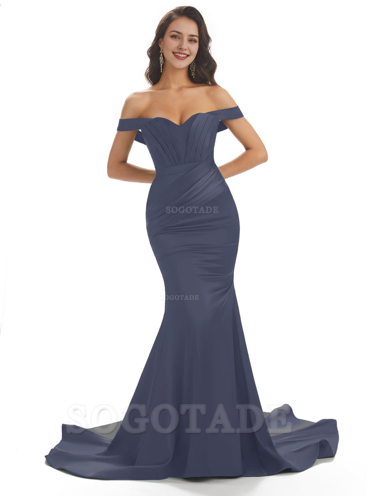 Sexy Mermaid Off The Shoulder Floor-Length Long Soft Satin Bridesmaid Dresses Online prom shop dresses