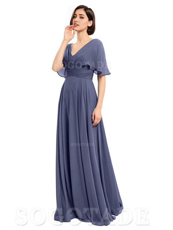  V-Neck Cap Sleeves Sleeves Chiffon Long Elegant Bridesmaid Dresses Formal Wear Dresses