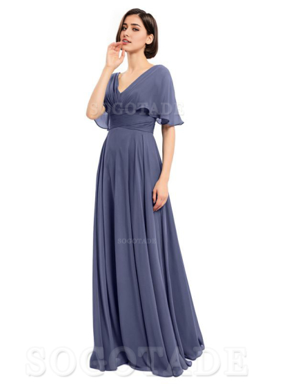  V-Neck Cap Sleeves Sleeves Chiffon Long Elegant Bridesmaid Dresses Formal Wear Dresses
