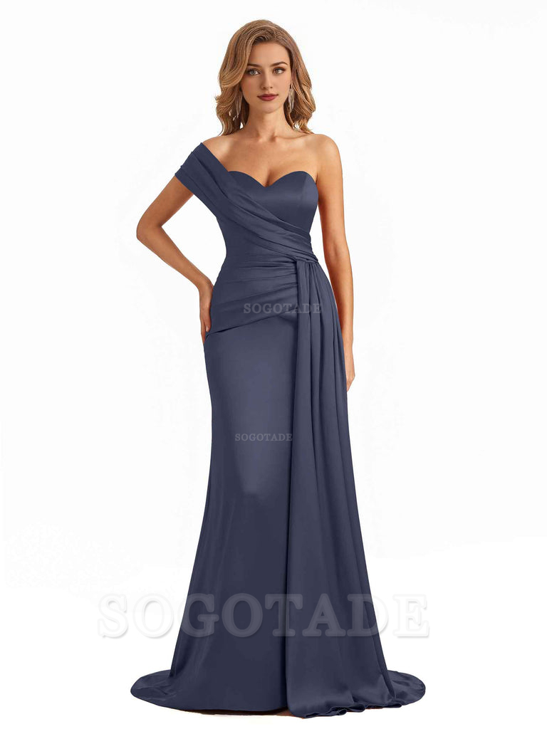 Elegant One Shoulder Soft Satin Long Mermaid Bridesmaid Dresses Online prom shop dresses ﻿