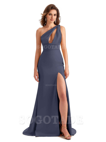 Charming Sexy Unique Side Slit Mermaid Silky One Shoulder Long Bridesmaid Dresses Formal Women's Dresses Wedding Guests Dresses