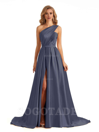 Sexy Side Slit One Shoulder A-Line Soft Satin Long Bridesmaid Dresses Online prom dress in store