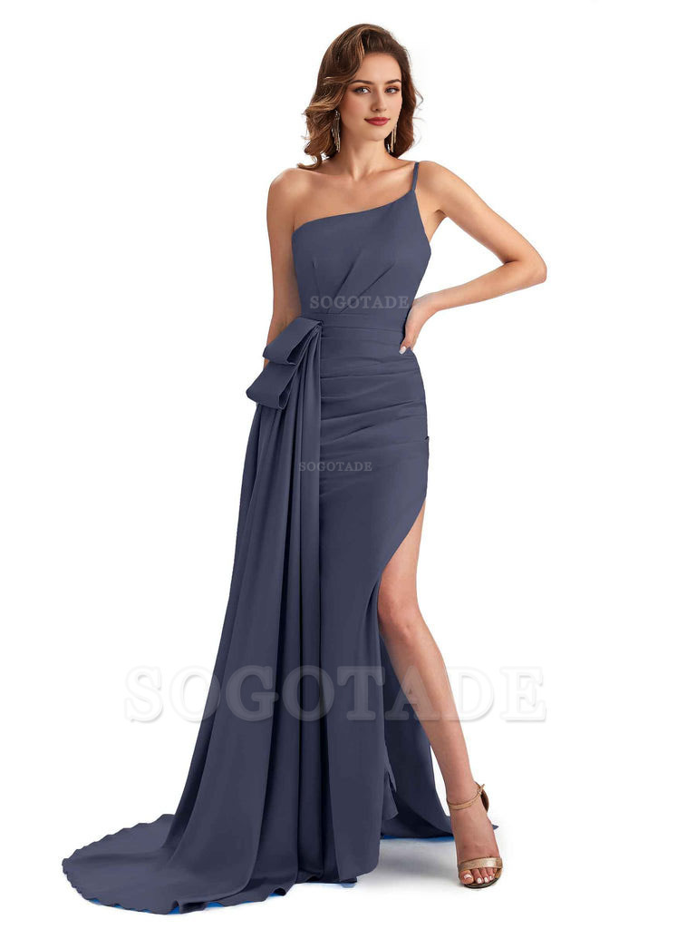 Sexy Side Slit Mermaid Silky Satin One Shoulder Modern Maxi Bridesmaid Dresses