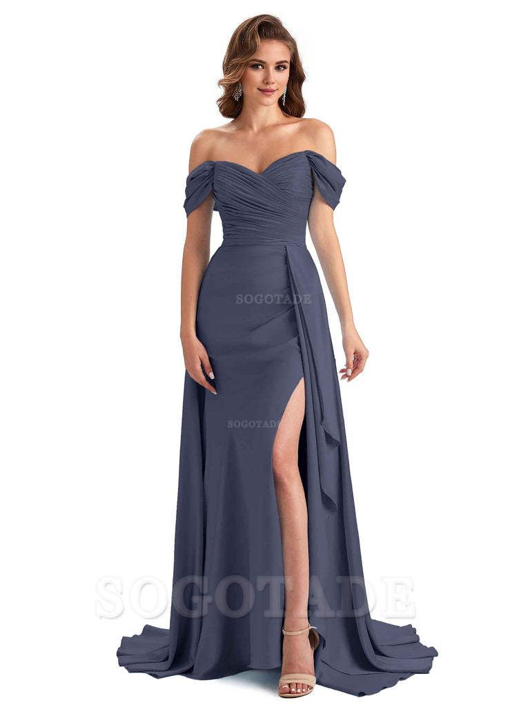 Sexy Side Slit Mermaid Soft Satin Off The Shoulder Long Unique Bridesmaid Dresses prom dress in store
