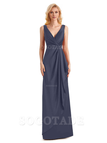 V Neck Elegant Soft Satin Formal Long Maid Bridesmaid Dresses Formal Wear Dresses