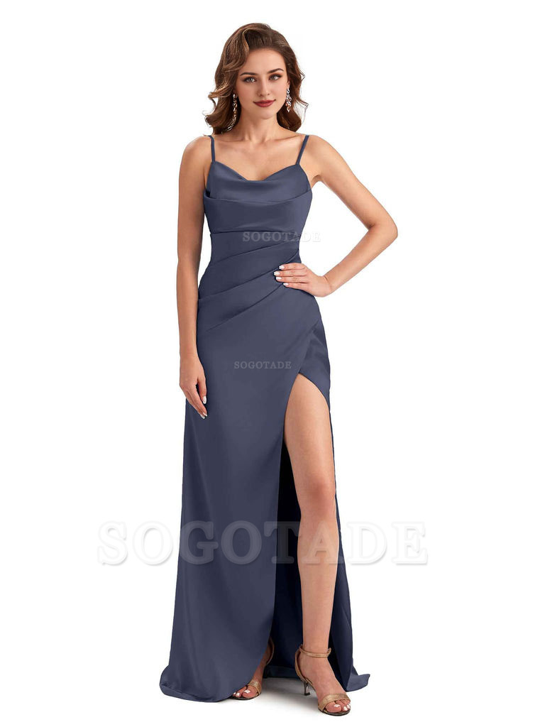 Soft Satin Side Slit Spaghetti Straps Sexy Wedding Bridesmaid Dresses