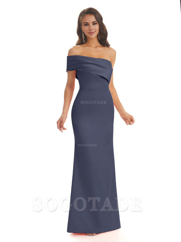Soft Satin Sexy Side Slit One Shoulder Long Mermaid Bridesmaid Dresses Online prom dress in store