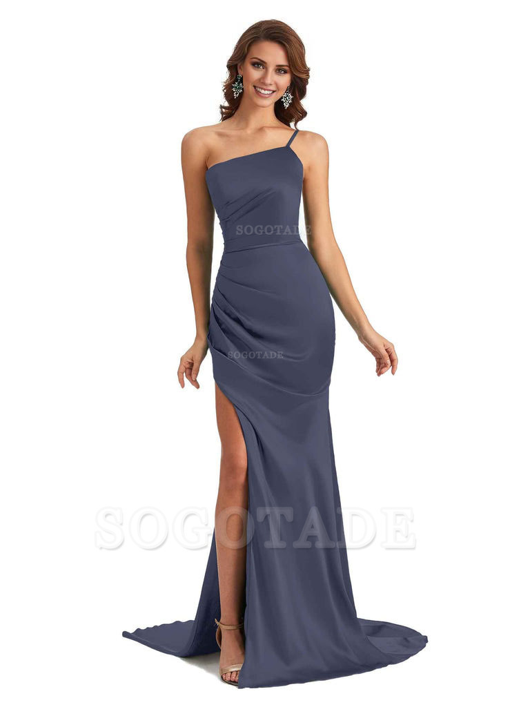 Sexy Silky Satin Side Slit One Shoulder Unique Long Wedding Guest Maxi Dresses