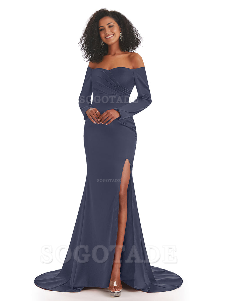 Mermaid Long Sleeve Satin formal dresses evening gown Bridesmaid Dresses With Side Slit 