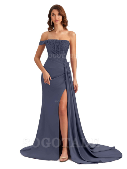 Mermaid Off Shoulder Applique formal dresses evening gown Bridesmaid Dresses With Side Slit 