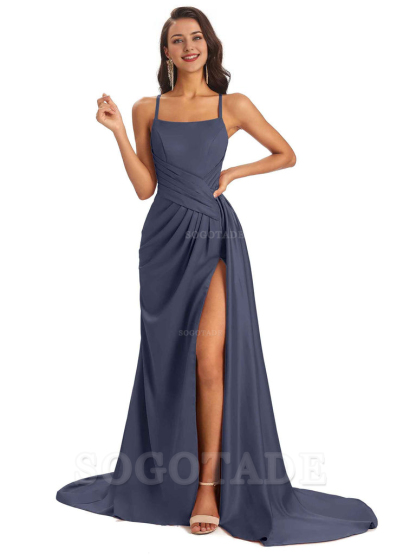 Sexy Soft Satin Side Slit Spaghetti Straps Long Maxi Bridesmaid Dresses prom shop dresses