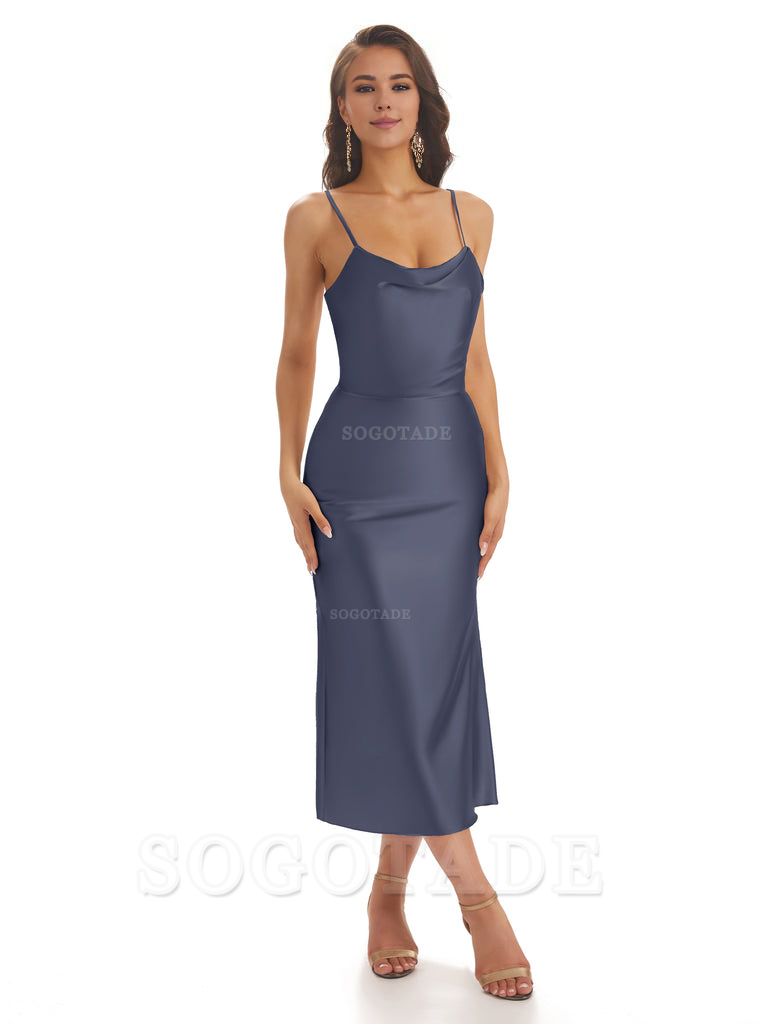 Sexy Soft Satin Spaghetti Strap Tea-Length Midi Short Bridesmaid Dresses prom shop dresses