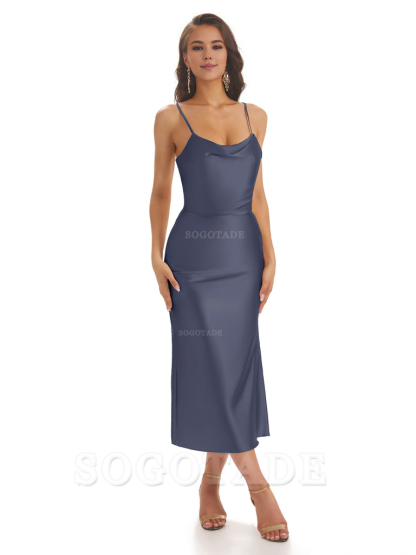 Sexy Soft Satin Spaghetti Strap Tea-Length Midi Short Bridesmaid Dresses prom shop dresses