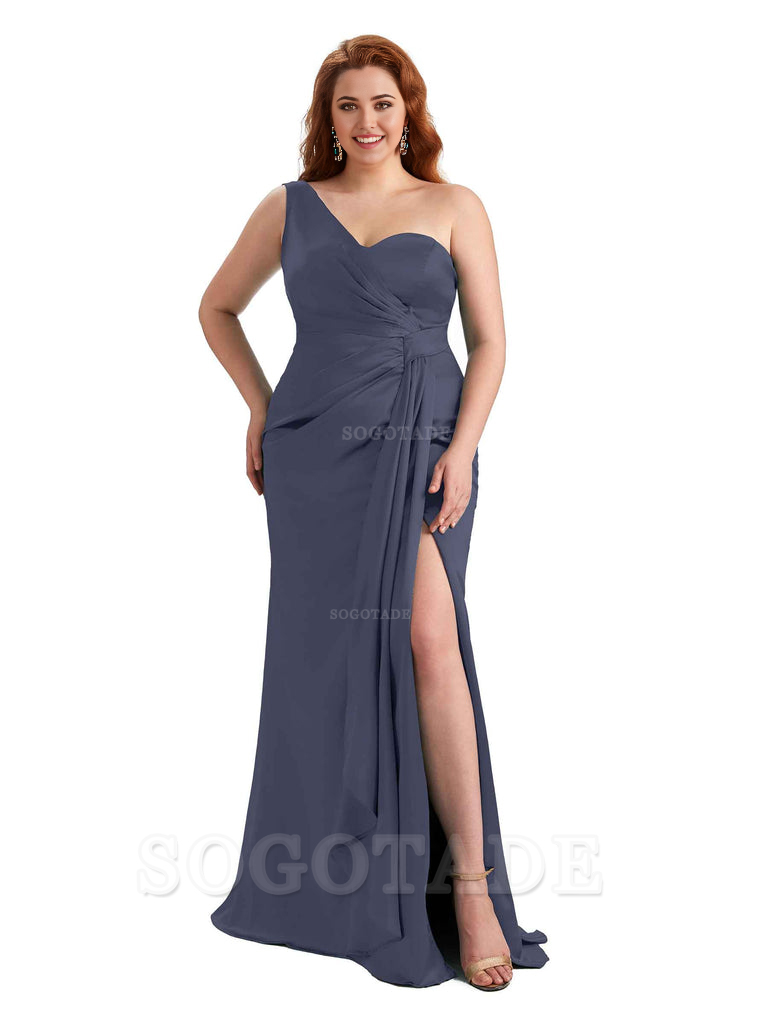  Sexy One Shoulder Side Hight Slit Mermaid Satin Floor Length Long Plus Size Bridesmaid Dress For Wedding